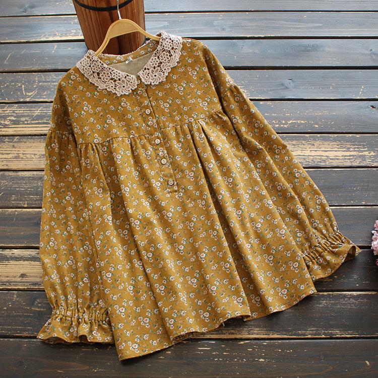 

New Autumn Women Blouse Cotton Linen Shirt Tops Print Japan Turndown Collar Long Sleeve Loose Lace Style Mori Girl Full, Gray
