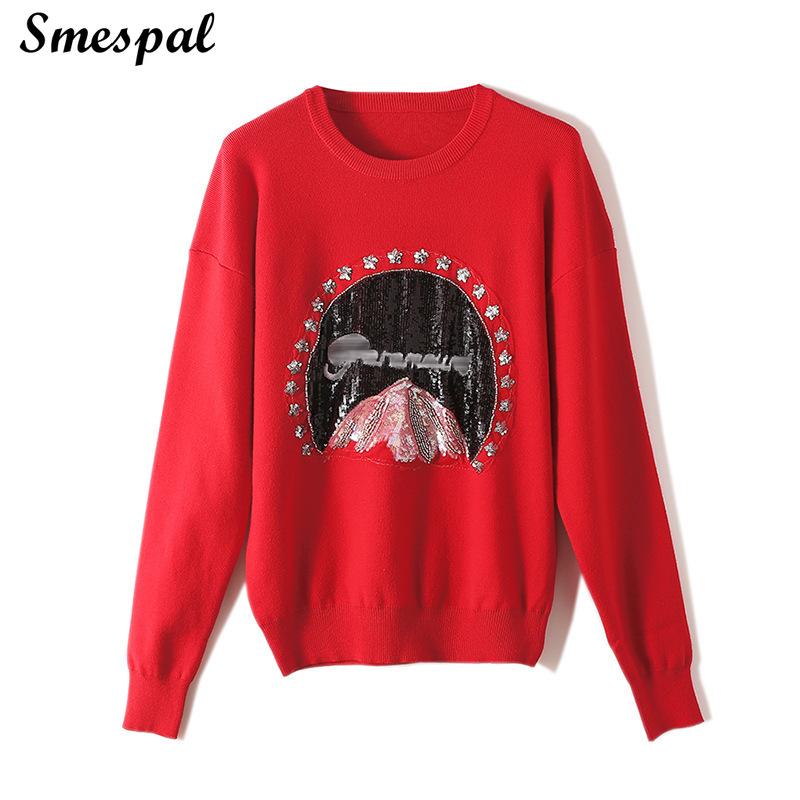 

Women Knit Sweaters In Red for Autumn Winter Ladies Casual Pullovers with Sequins