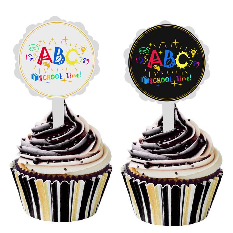 

6pcs/lot DIY Cute ABC School Time Cake Stick Sticker Decor Ice-cream Cupcake Toppers Picks Back To School Party Dessert Decor