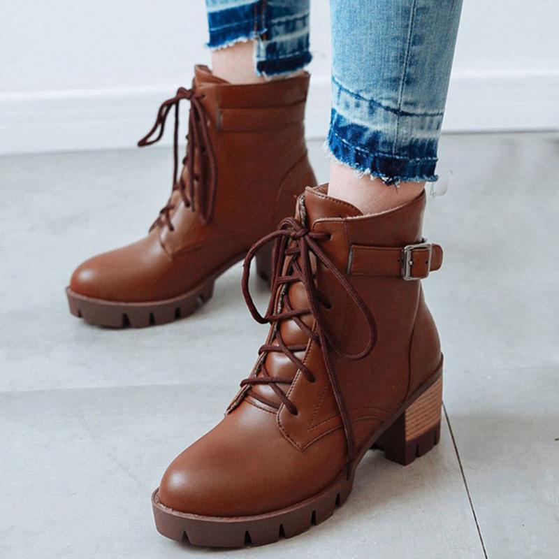 

Brand Sale Square Heels Leisure Vintage Work Booties Shoelaces Platform Big Size 43 Women Shoes Female Boots, Beige
