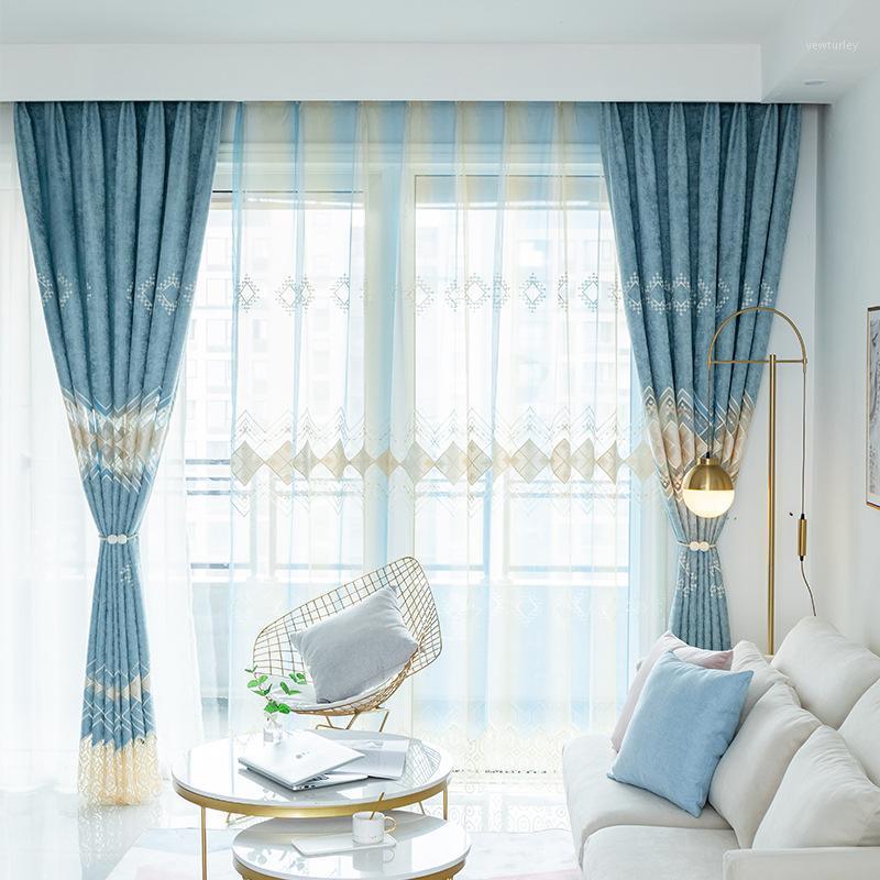 

Blue Curtains Fabric Modern Curtain for Living Room Bedroom Simple Boys Living Room Light Embroidered Curtains1, Tulle