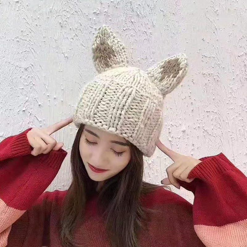 

Beanie/Skull Caps Fashion Ears Knitted Beanies Women's Autumn Winter Ins Hats For Women Bonnet Warm Cold Hat Tide Beanie