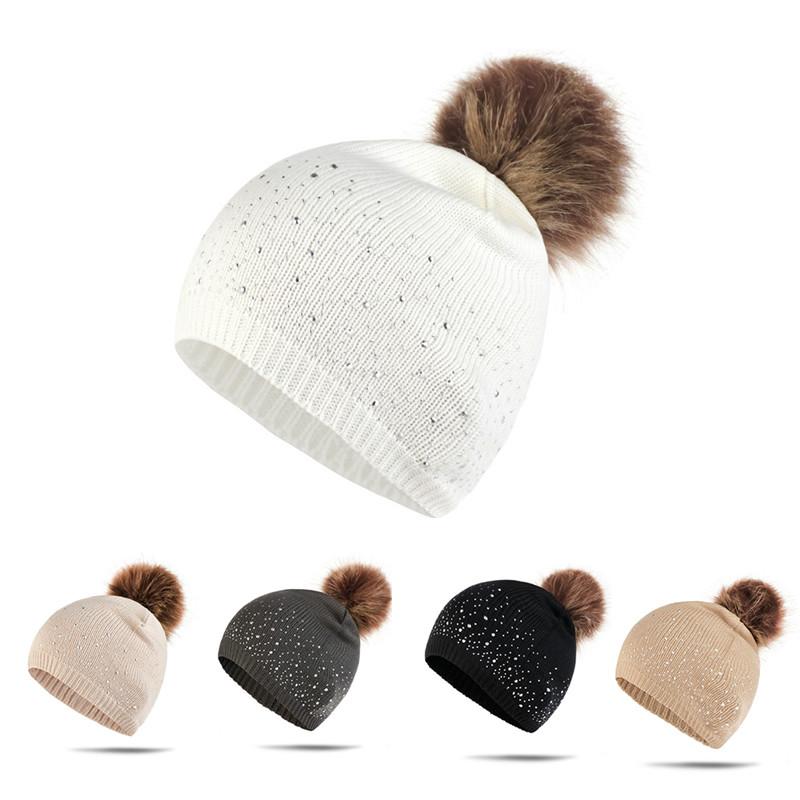 

Fashion Women Winter Hat Warm Knit Real Fur Pompom Hats Beanies Skullies For Women's Girls Pom Pom Cap With Rhinestone Diamond
