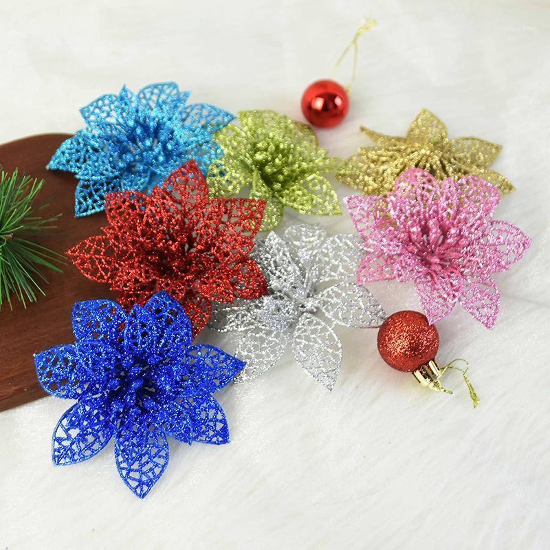 

5pcs 10cm Artificial Flower Christmas Tree Hollow Glitter Fake Flower Ornament Wedding Party Valentine's Day Home DIY Decoration1, B06