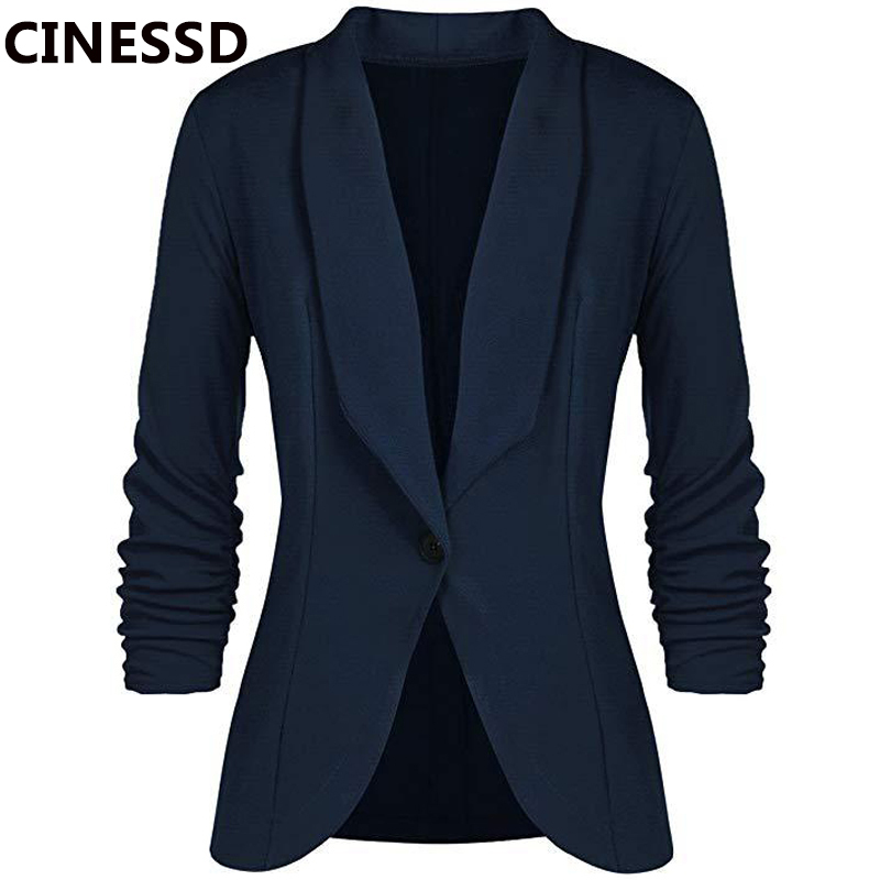 CINESSD Office Lady Blazers Coat Solid Long Sleeves Cardigan Button Casual Suit Navy Blue Draped Slim Cotton Women Blazer Jacket 201114Z