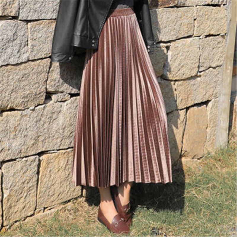 

Skirts Gold Velvet Skirt 2022 Autumn Spring Pleated High Waist Slim Pendulum Women A-line Mid-calf 3xl PZ2745, Black