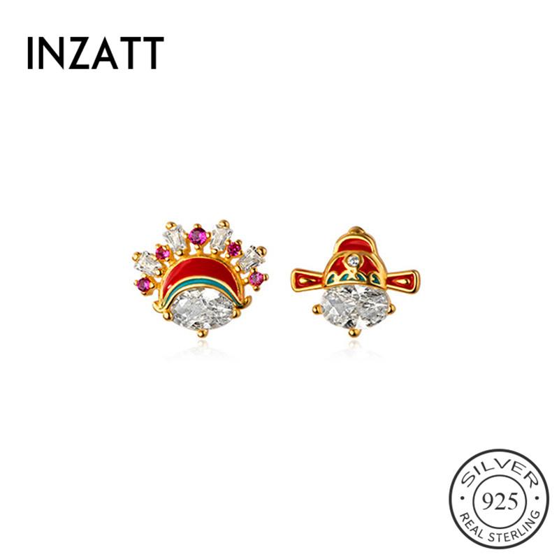 

INZAReal 925 Sterling Silver Zircon Asymmetric Drama Stud Earrings For Fashion Women Fine Ethnic Jewelry Accessories