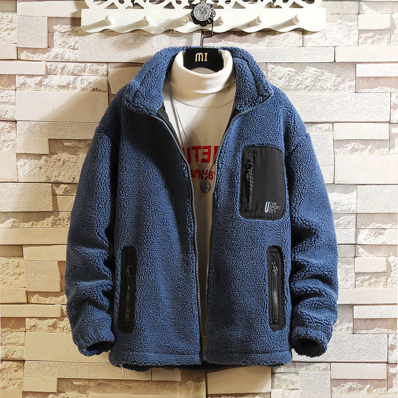 

Winter 2021 Lamb Man's Jacket Velvet Tide Student Thick Turtleneck Retro Cotton Better New Stripe Clothes I0AQ, Blue.