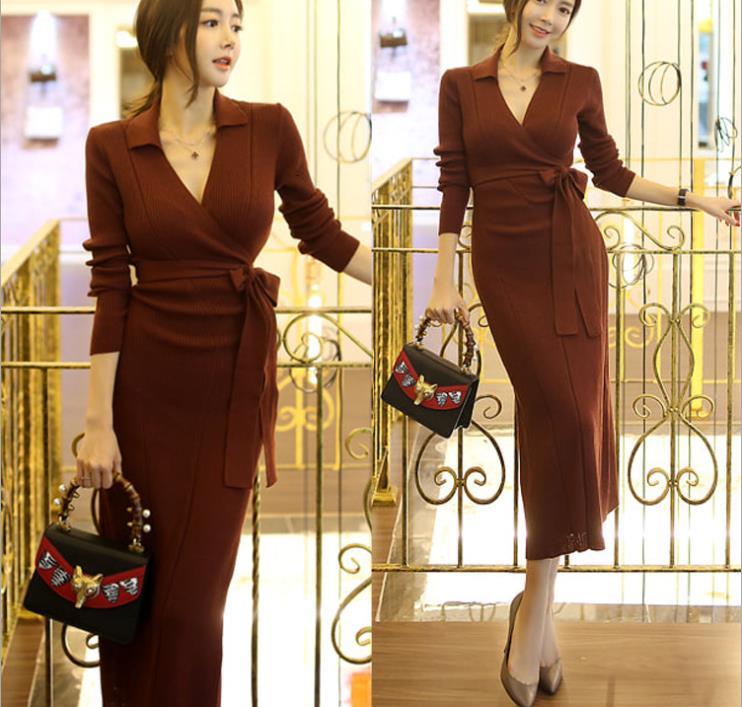 

Autumn Winter New Ladies Slim Temperament Long Nightgown Decorate Knitted 57rk, Coral red