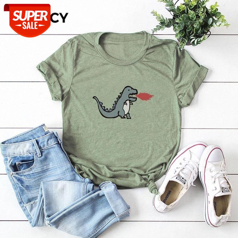 

JFUNCY Plus Size Women Tops 2020 Spring Summer Cotton T-shirt Funny Cartoon Dinosaur Print T Shirt Short Sleeve Female Tee Shirt #kM4f, White