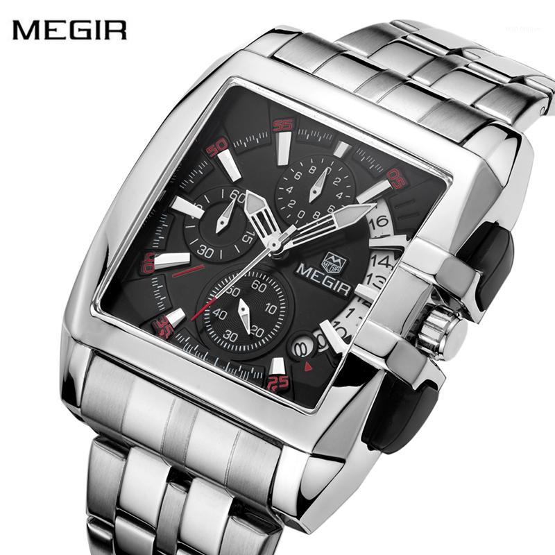 

MEGIR Watch Stainless Steel Chronograph Watch Men Fashion Square Sport Men's Calendar Waterproof Clock Reloj1, Silver