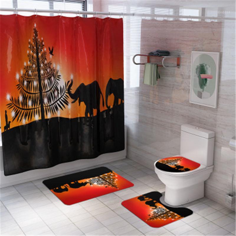 

4Pcs/set Bathroom Mat Set Non-slip Digita Print Elephant Bath Mat Coral Fleece Shower Curtain Floor Washable Toilet Rug1
