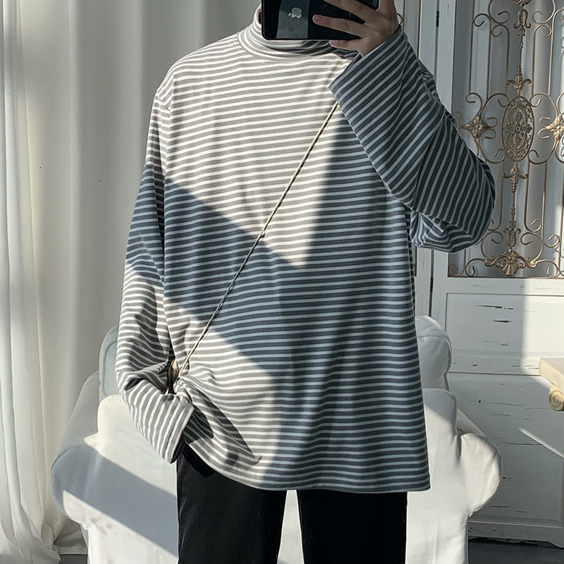 

Long Manly 2021 Shirt Spring New Striped Fall, Turtleneck High Male and Female Pullovers Teenagers 65PD, Gray.