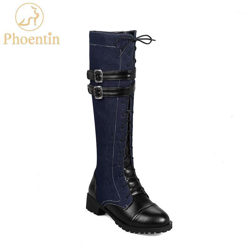 

Phoentin lace-up knee high boots with zipper denim women shoes PU patchwork narrow band booties woman 2020 mixed colors FT4561, Beige