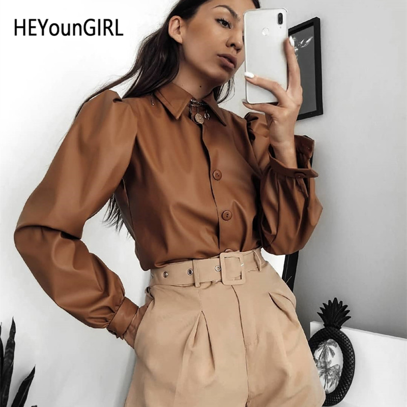 

HEYounGIRL Faux Leather Puff Sleeve Tee Shirt Women Elegant Korean Woman Tshirt Tops Turn-down Collar T-shirt Ladies Autumn Y200111, Gray