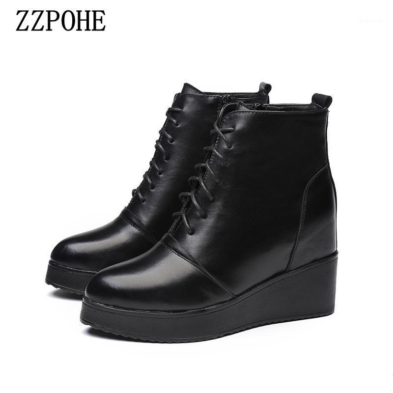 

ZZPOHE Winter New Fashion Women Shoes Woman Genuine Leather Platform Soft Ankle Boots Women Black Lace Up Casual Boots1