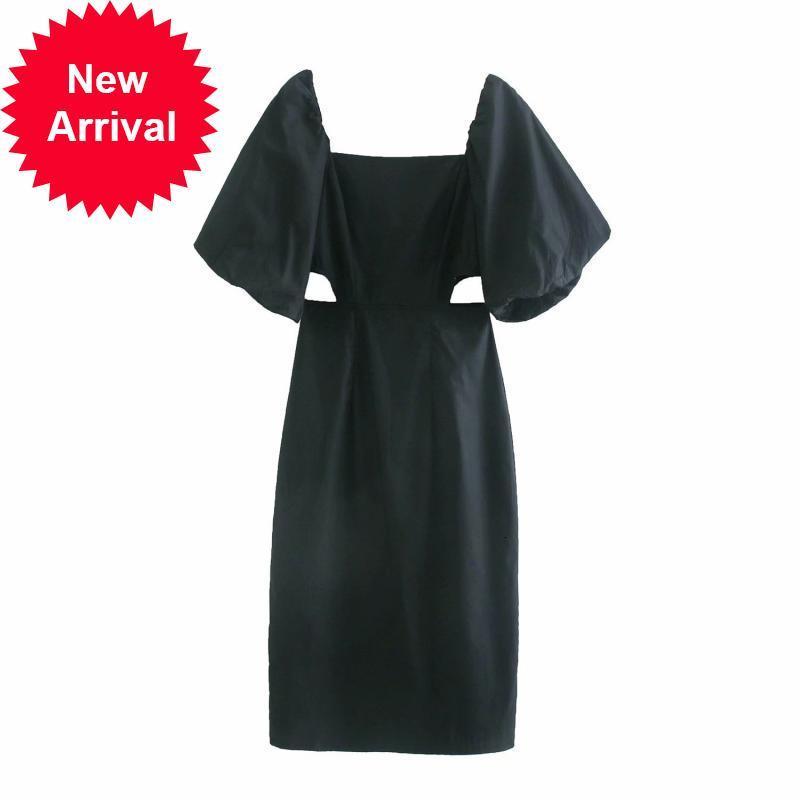 

New Summer 2021 Elegant Hollow Female Quality Square Neck Lantern High Waist Tall Black Minidress Dress 9FP0, Blue