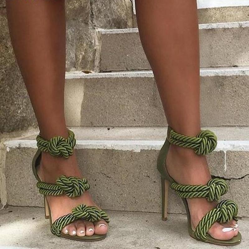 

Sexy Rope Braided Knot High Heel Sandals Cut-out Green Black White Cross Strap Gladiator Dress Shoes Cut-out Strap Party Shoes1