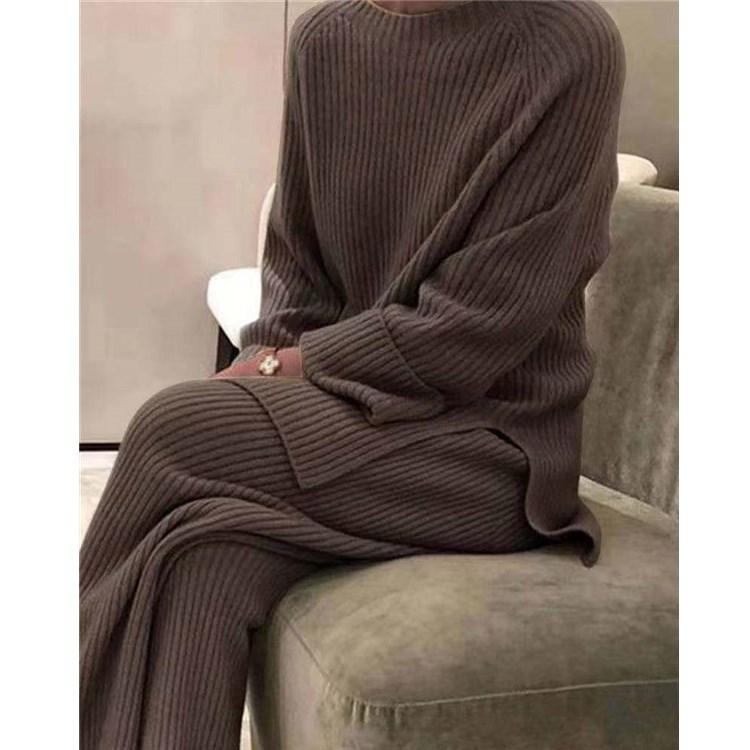 

2021 Fashion Winter Women' Thicken Warm Knitted Pullover Sweater Two-Piece Suits +High Waist Loose Wide Leg Pants Set, Style5