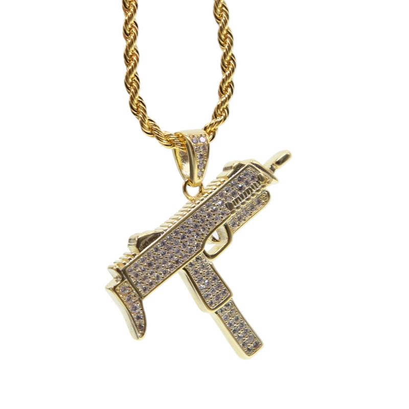 

New CZ Stone hand Gun Pendant Necklace With 24" Cuban Chain iced out Machine Pendant Necklace Hip Hop Jewelry Men Women