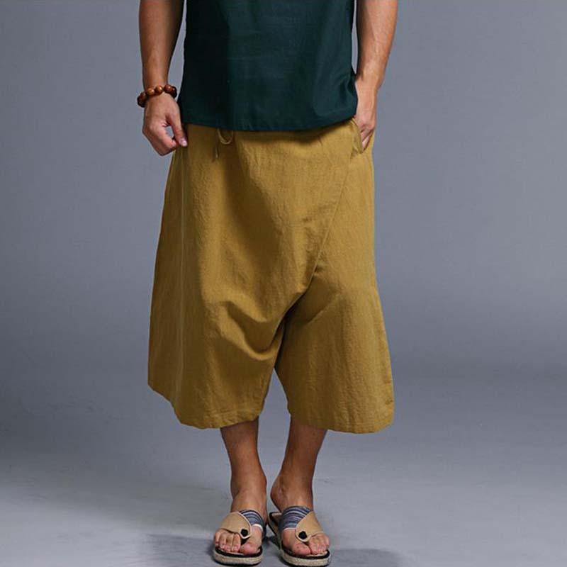 

Fashion Summer Linen Board Shorts For Men Casual Hip Hop Harem Wide Leg Beach Shorts, Black