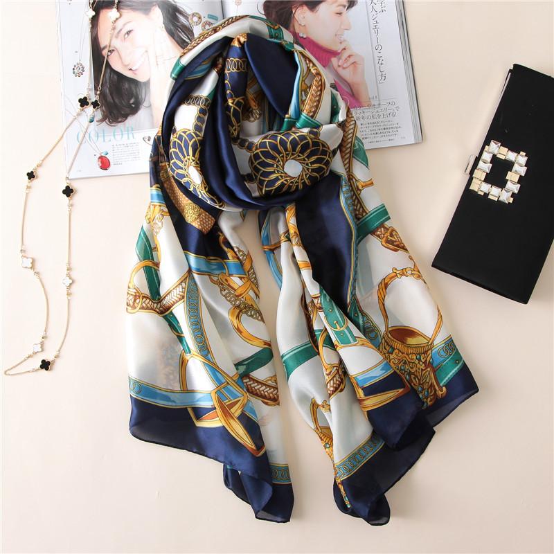 

Peacesky] 2020 Fashion bandana Luxury Chains Print Scarve Blue and White Woman Brand 100% Silk Scarf Women Shawl Print hijab