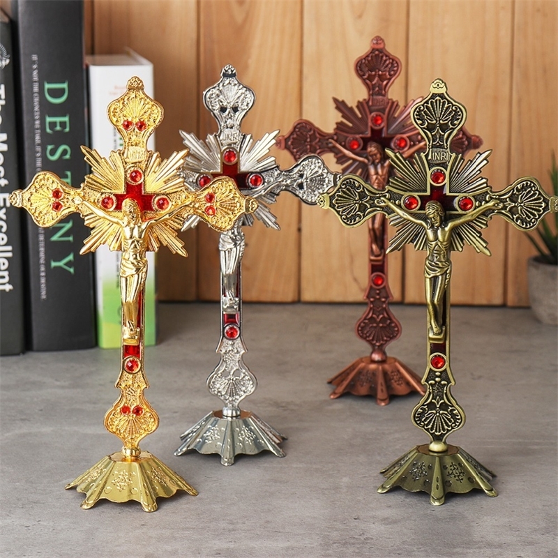 

Church Relics Figurines Crucifix Jesus Christ On The Stand Wall Cross Antique Religious Altar Home Chapel Decoration 4 Colors T200331