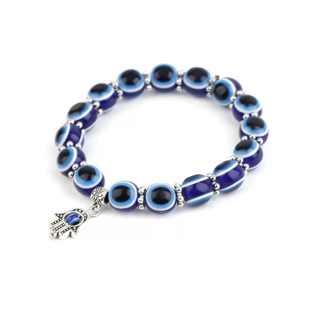 

8MM 10MM Beads Evil Eye Bracelet Hamsa Blue Beaded Charm Stretch Strands Bracelet Hand of Fatima Turkish Lucky Jewelry