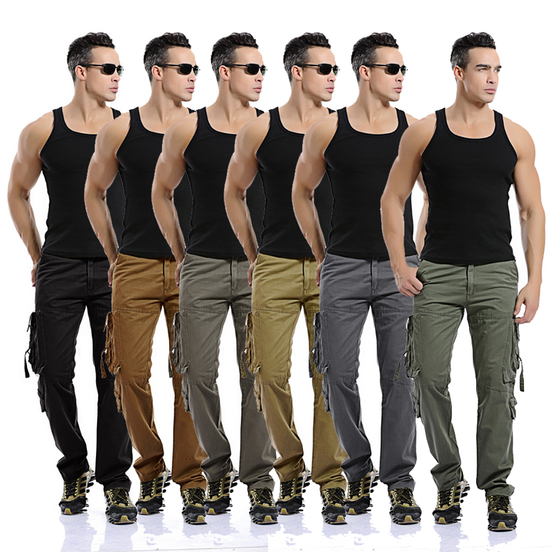 

2021 New Winter Style 100% Cotton Load Men's Long Multi Pocket Pants Men Clothes QM34, Orange.