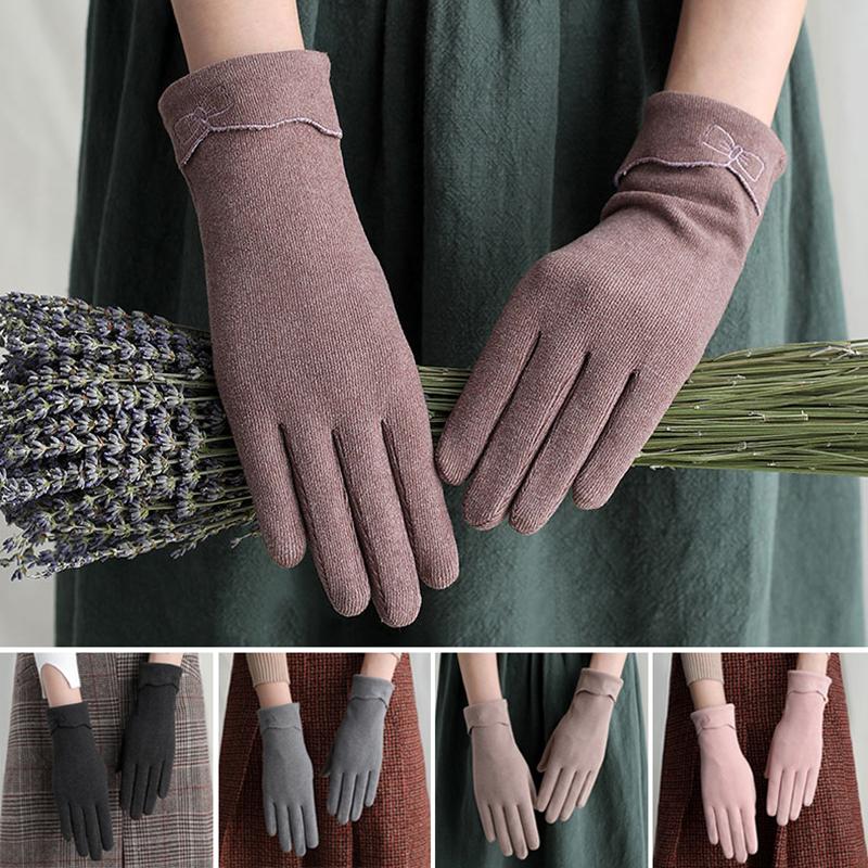 

Five Fingers Gloves Cotton Winter Women Warm Touch Screen Elegant Solid Color Bowknot Full Finger Mittens