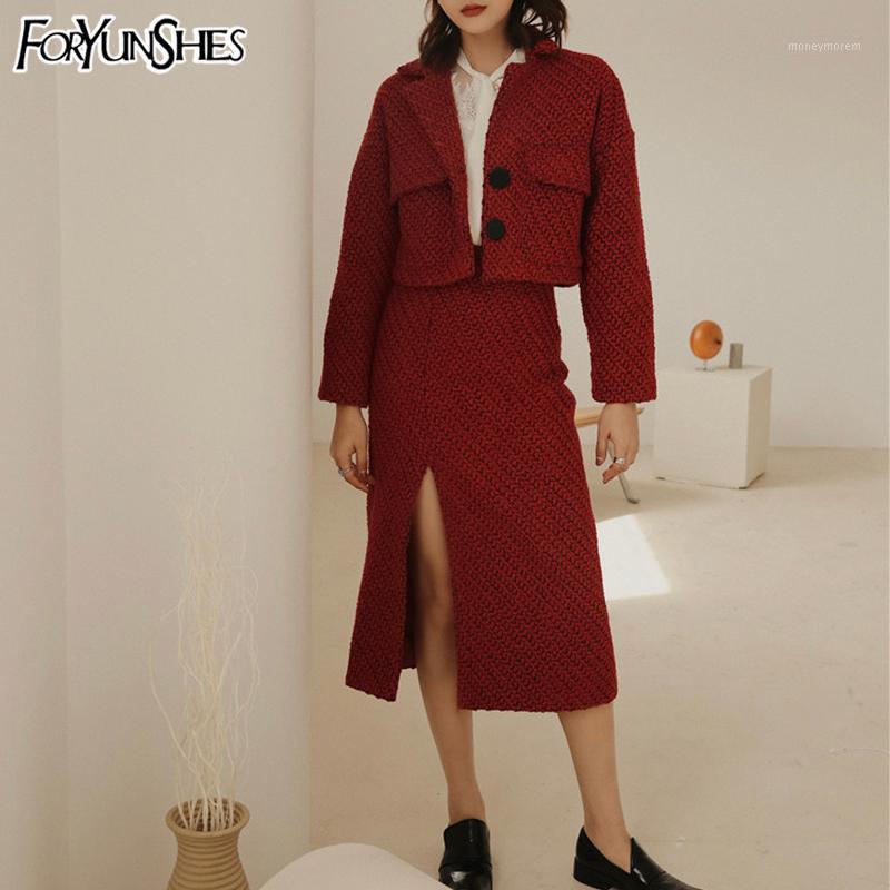 

2020 Autumn Winter Tweed Jacket And Skirt Set Red Suits Office High Waist Straight Pencil Skirts 2 Piece Set Women Blazers Top1