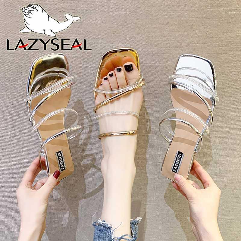 

LazySeal Gold Crystals Design Square Heel Slippers For Women Shoes Slip On New Summer Slide Bohemian Female Dress Sandals1, Silver