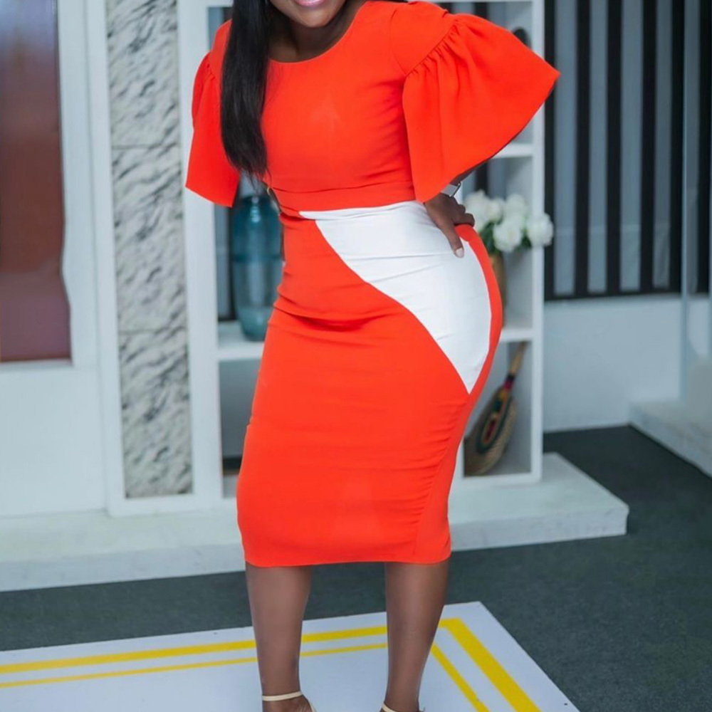 

2021 African Women Bold Color Short-lived Lanterns Mid-calf Dressed in High-waisted Sexy Ol Plus Size Robes J0nz, Orange.