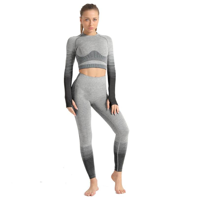 

2 Pcs Yoga Sets Long Sleeve Top+Push Up gym set Leggings Sport Suits Women High Waist Fitness Sets tracksuits women, Photo color