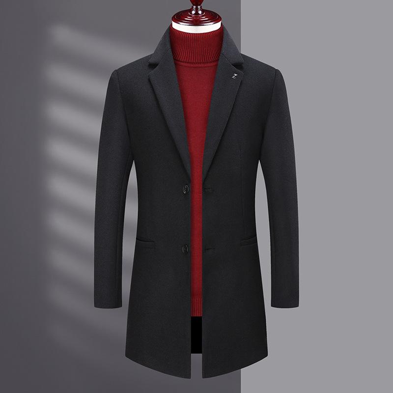 

new men's pure color woolen coat middle and young people's leisure fashion medium length windbreaker coat men's wear, Black