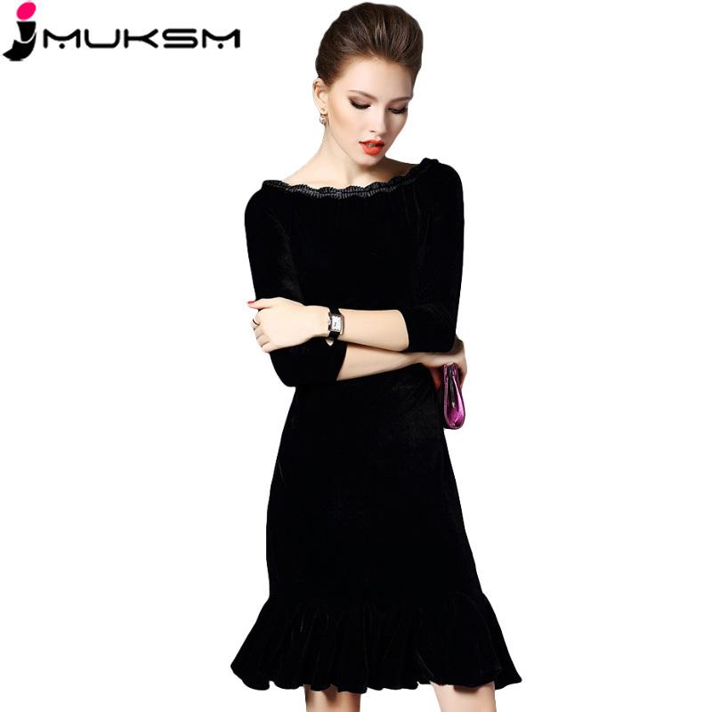 

European Golden Velvet Winter Women Dress Slanted Neck Flounced Sexy Vintage Dress Bottoms Bag Hip Office Lady Vestidos J111, Black