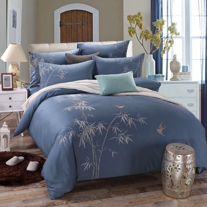 

Luxury Embroidery Bedding Set White Duvet Cover Elegant Bamboo Flower Bedspread Coverlets Plant Bed Sheet Fabric, 14