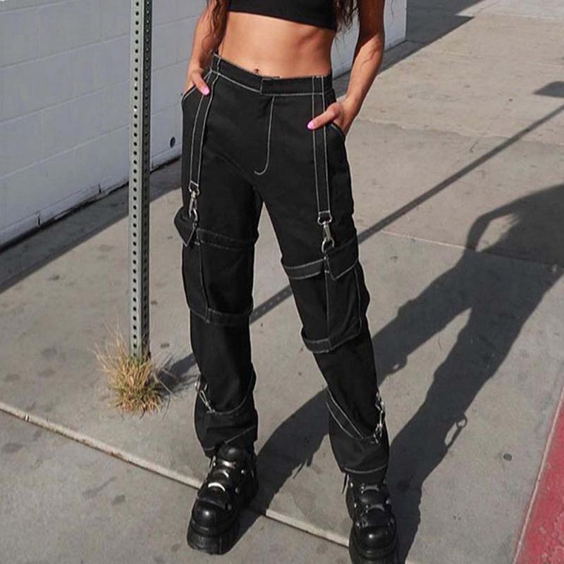 

2021 Pockets Patchwork Baggy Jeans Fashion Streetwear Multi Pockets Women Denim Trouser Loose Cargo Pants Korean Jeans Harajuku, Black