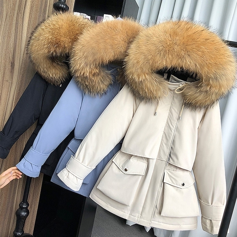 

Fitaylor Winter Jacket Women Large Natural Fox Fur White Duck Down Coat Thick Parkas Warm Sash Tie Up Zipper Down Snow Outerwear 201103, Grey no fur