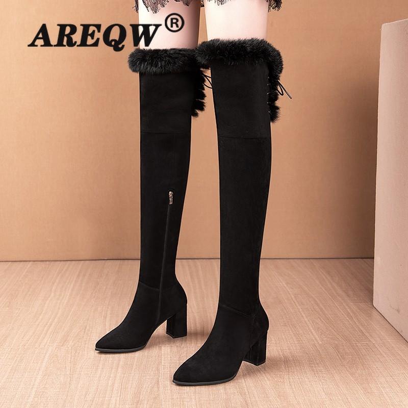 

Women Sexy Slim Slip on Over The Knee Thigh High Boots Thick High Heels Shoes Woman Elastic Flock Long Botas, Black