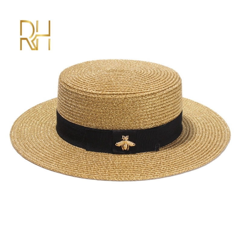 

Ladies Sun Fedora Hats Small Bee Straw Hat European and American Retro Gold Braided Hat Female Sunshade Flat Cap Visors Hats RH LJ200910, Black sequin
