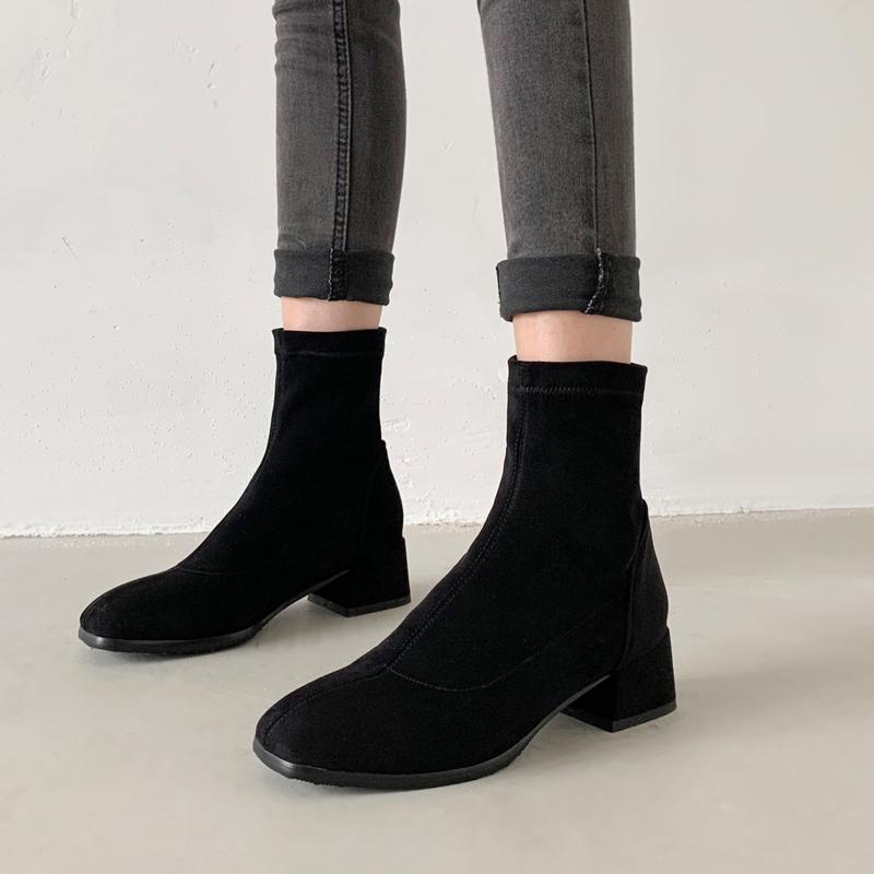 

New Women Shoes High Heels Slip ankle boots winter Stretch socks boots elegant Square high heels shoes female Plus size 32- 43, 4 short plush