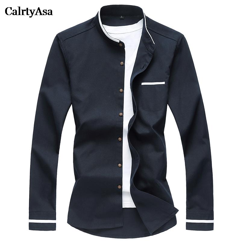 

CalrtyAsa Chinese Style Pure Color Oxford Shirt Men Fashion Casual Mandarin Collar Long Sleeve Shirt Social Man Denim Blue, White