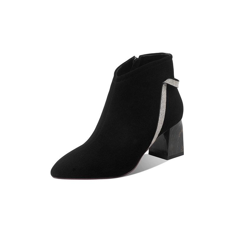 

suede Leather Rhinestone Women Ankle Boots Concise Shoes Woman 2021 Winter Newest Party Thick high Heels Boots, Black
