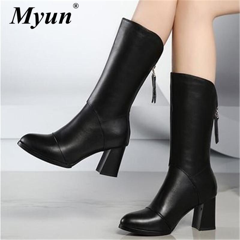 

Women Winter Boots Square heel Mid Calf Leather Boots Fashion Black Plush Warm Snow Ladies Round Toe Zip Booties