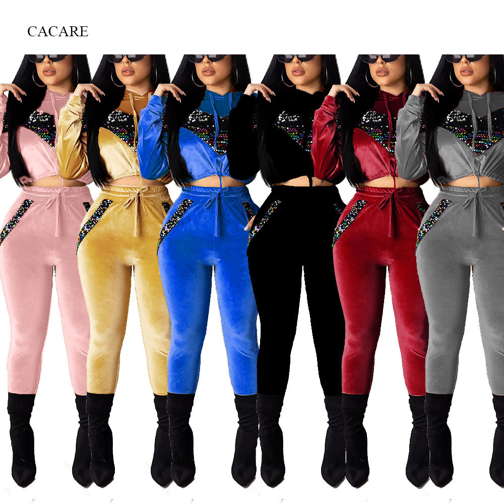 

Hoodie 2 Piece Pants Sets Women Velvet Sequins Autumn Set Women 2 Piece Outfits Tracksuit Top and Pants Sweatsuits F2904, Blue