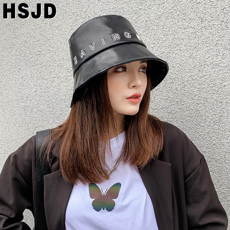 

Fashion Letter Embroidery Leather Bucket Hat Autumn Winter Women's Hats Hip Hop Cap Wide Brim Panama Female fisherman's hat bob, Black