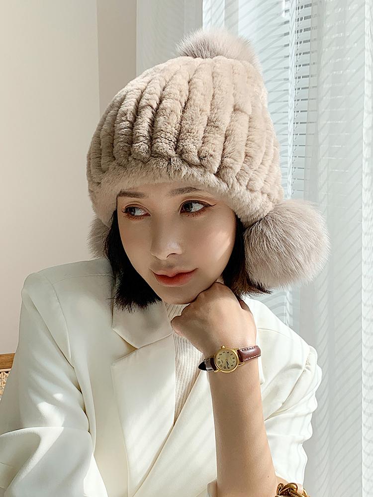 

Real Fur Hats for Women Winter Genuine Rex Fur Caps Earflaps Ear Warmer Big Pompom Elegant Princess Warm Knitted Beanies, Khaki