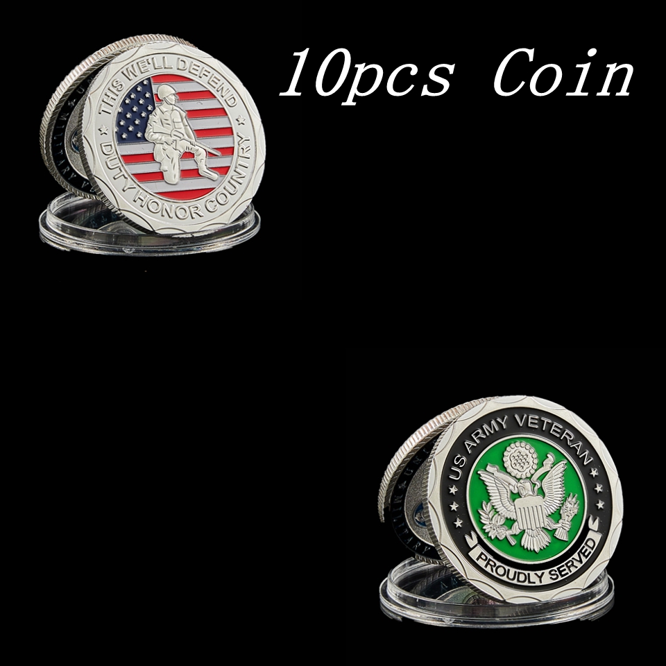 10pcs US Flag Army Veteran Coin Craft Proud Served This We'll Defend Duty Honor Country Day Silver Plated Challenge Badge-image-602056476
