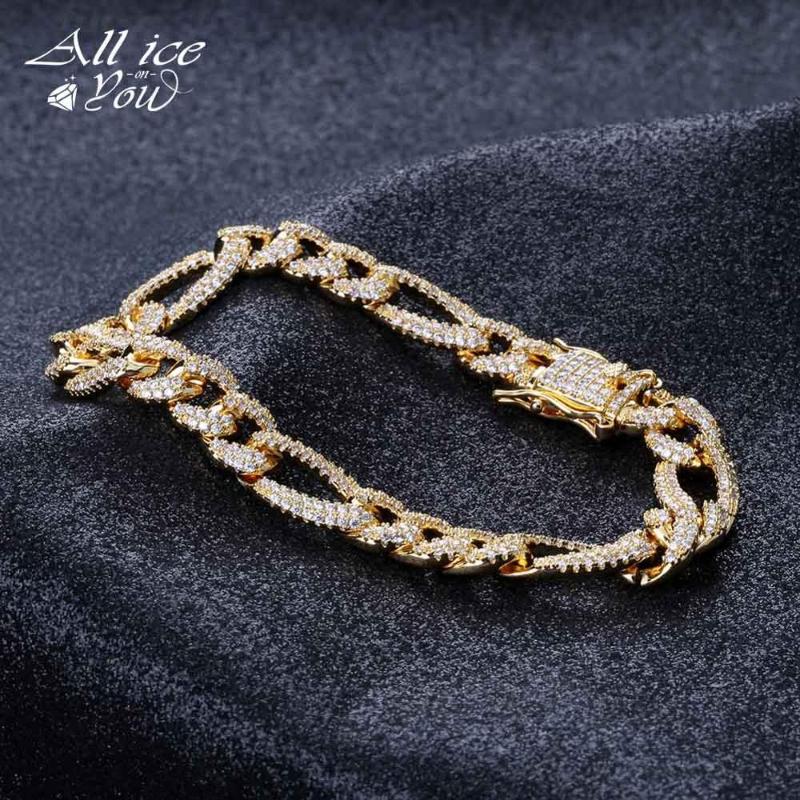 

ALLICEONYOU 10mm Personality Iced Out Miami Curb Men Bracelet Hip Hop Jewelry Cuban Chians Crystal CZ Rapper Punk Gifts